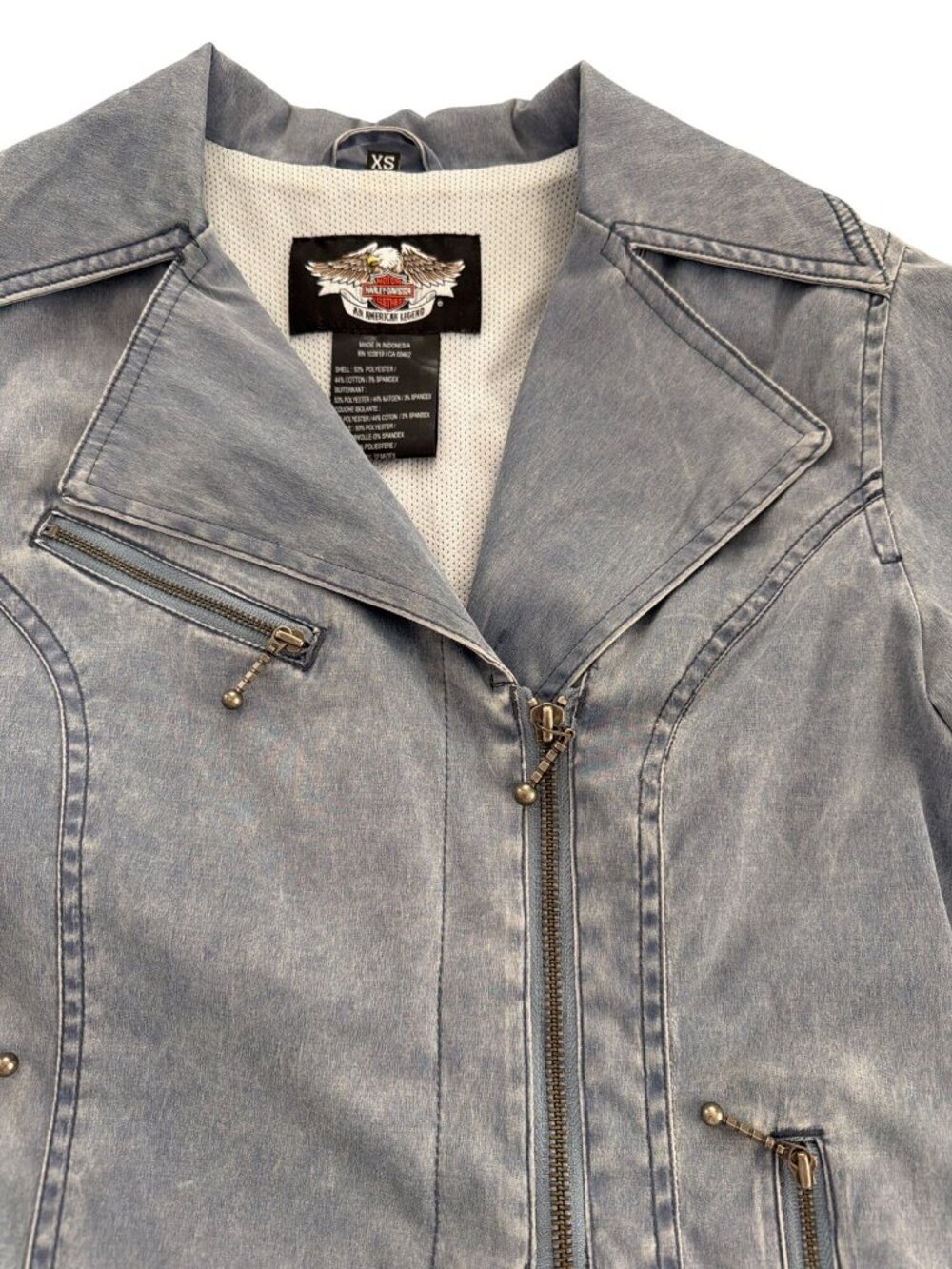 Harley Davidson Embroidered Gray Blue Denim Jacket Riding Tie Up Zippers XS NWOT - Picture 4 of 8